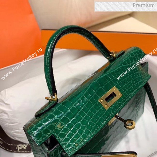 Hermes Mini Kelly II Handbag in Glossy Real Alligator Leather Green (Handmade) (AQ-20042106)