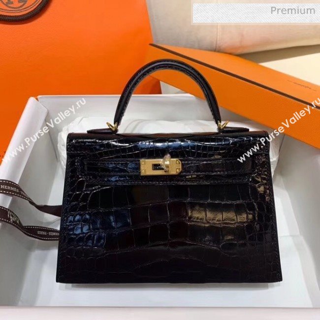 Hermes Mini Kelly II Handbag in Glossy Real Alligator Leather Black (Handmade) (AQ-20042109)