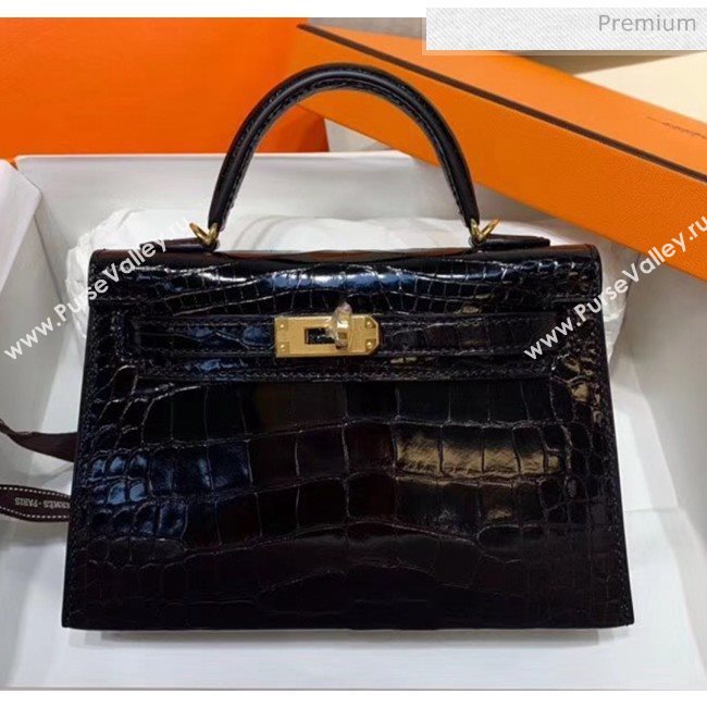 Hermes Mini Kelly II Handbag in Glossy Real Alligator Leather Black (Handmade) (AQ-20042109)