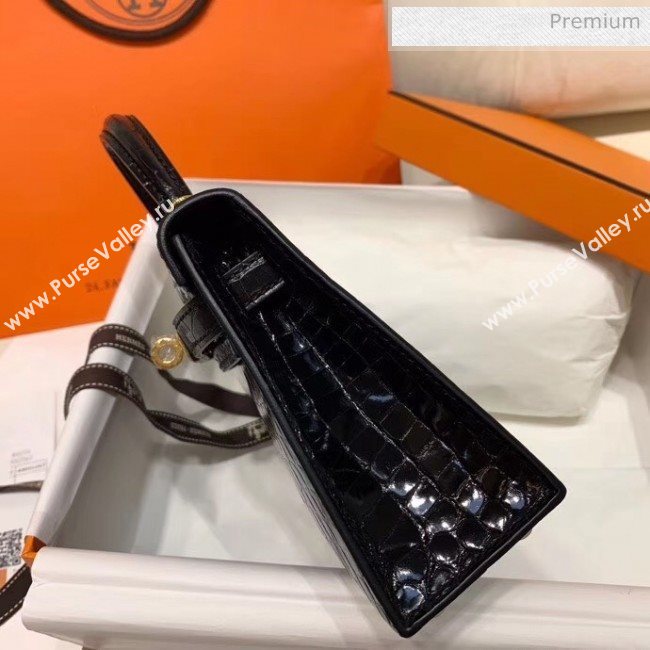 Hermes Mini Kelly II Handbag in Glossy Real Alligator Leather Black (Handmade) (AQ-20042109)