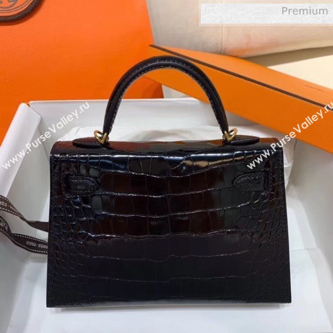 Hermes Mini Kelly II Handbag in Glossy Real Alligator Leather Black (Handmade) (AQ-20042109)