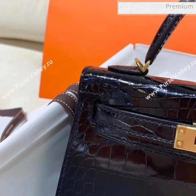 Hermes Mini Kelly II Handbag in Glossy Real Alligator Leather Black (Handmade) (AQ-20042109)