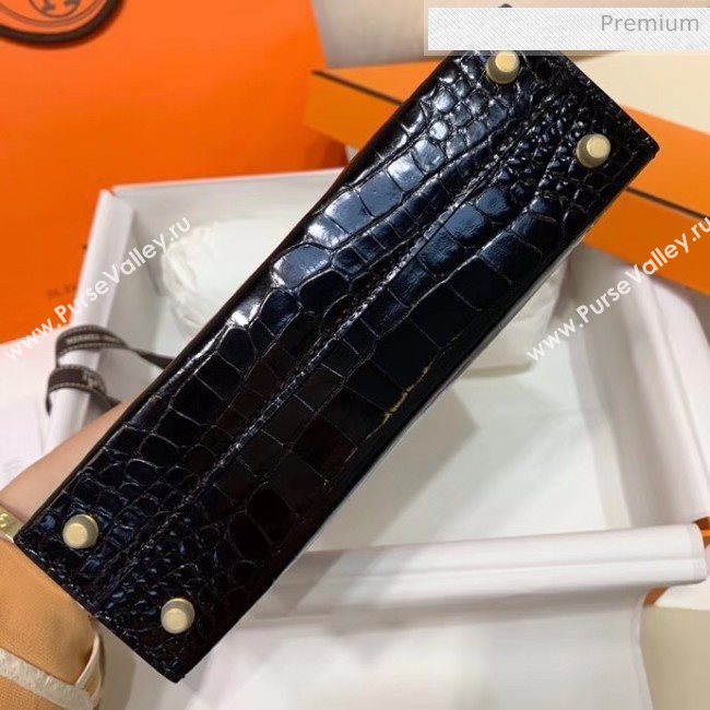 Hermes Mini Kelly II Handbag in Glossy Real Alligator Leather Black (Handmade) (AQ-20042109)