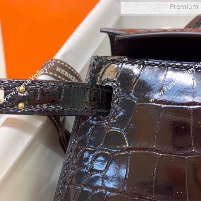 Hermes Mini Kelly II Handbag in Glossy Real Alligator Leather Black (Handmade) (AQ-20042109)