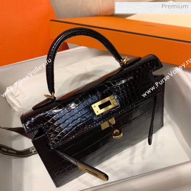 Hermes Mini Kelly II Handbag in Glossy Real Alligator Leather Black (Handmade) (AQ-20042109)