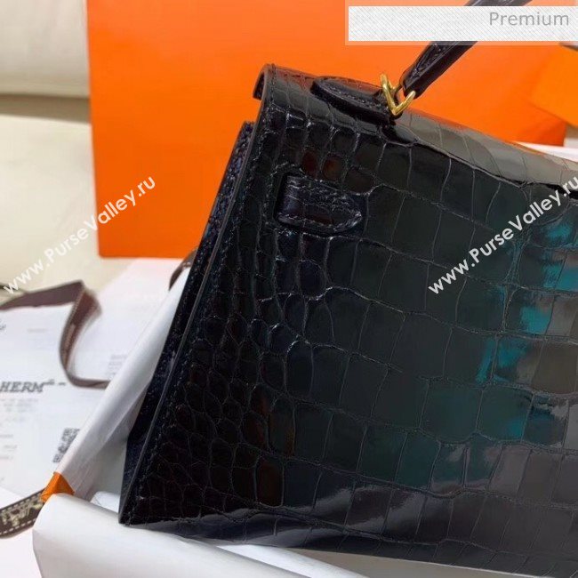 Hermes Mini Kelly II Handbag in Glossy Real Alligator Leather Black (Handmade) (AQ-20042109)