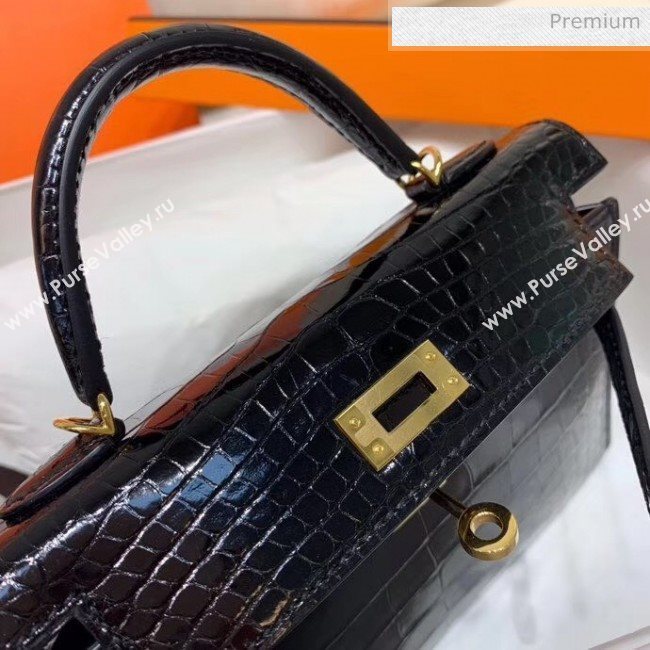 Hermes Mini Kelly II Handbag in Glossy Real Alligator Leather Black (Handmade) (AQ-20042109)