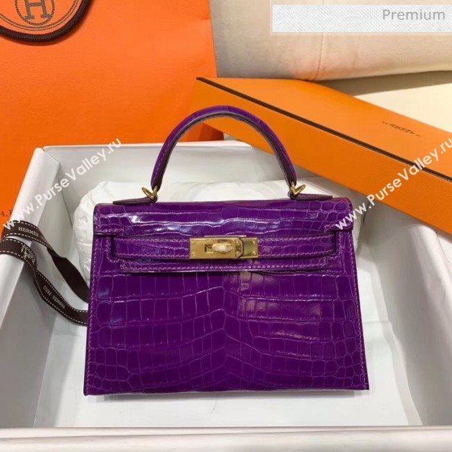 Hermes Mini Kelly II Handbag in Glossy Real Alligator Leather Purple (Handmade) (AQ-20042110)