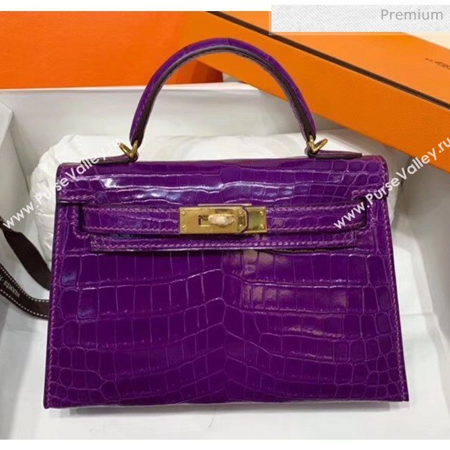 Hermes Mini Kelly II Handbag in Glossy Real Alligator Leather Purple (Handmade) (AQ-20042110)