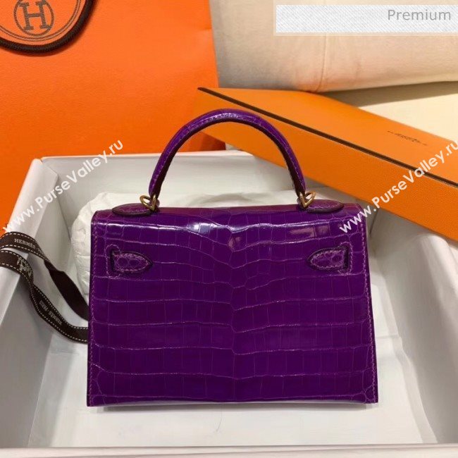 Hermes Mini Kelly II Handbag in Glossy Real Alligator Leather Purple (Handmade) (AQ-20042110)