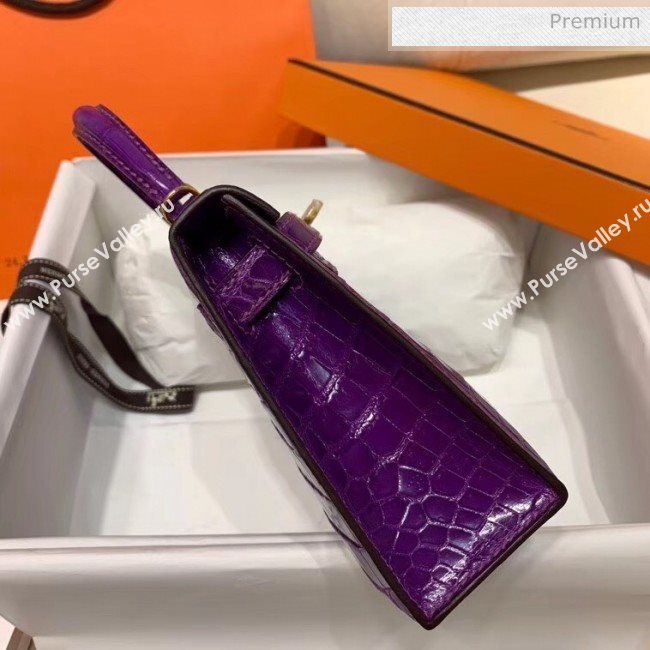 Hermes Mini Kelly II Handbag in Glossy Real Alligator Leather Purple (Handmade) (AQ-20042110)