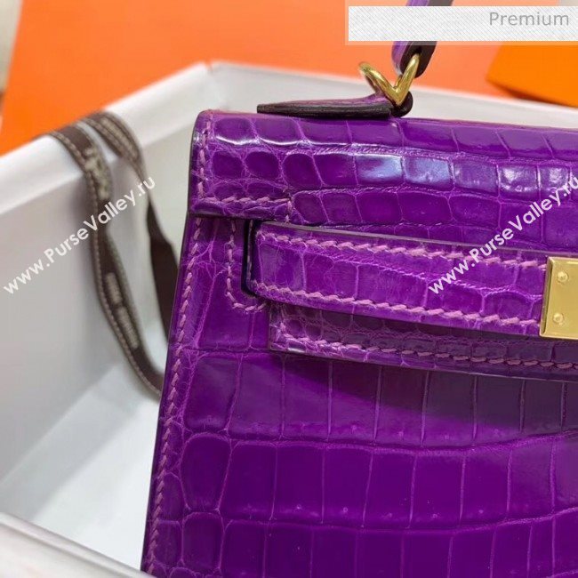 Hermes Mini Kelly II Handbag in Glossy Real Alligator Leather Purple (Handmade) (AQ-20042110)