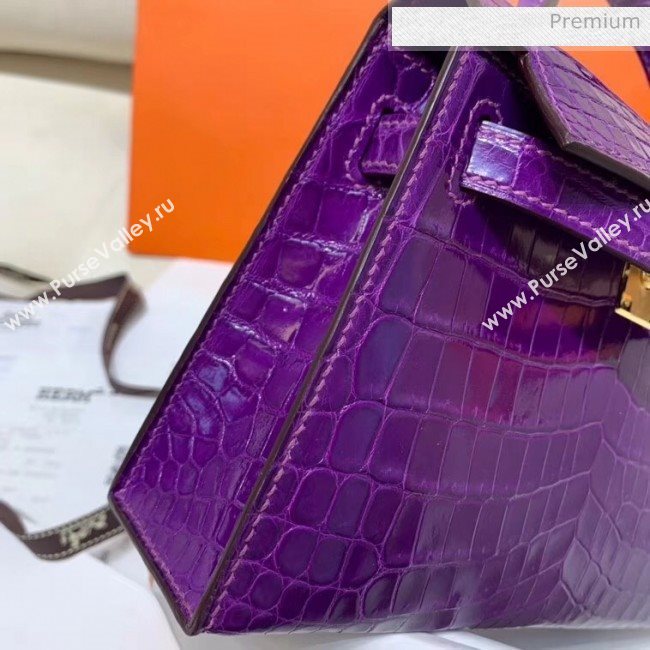Hermes Mini Kelly II Handbag in Glossy Real Alligator Leather Purple (Handmade) (AQ-20042110)