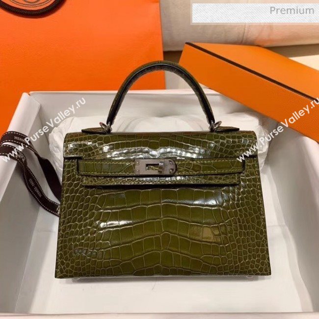 Hermes Mini Kelly II Handbag in Glossy Real Alligator Leather Army Green (Handmade) (AQ-20042112)