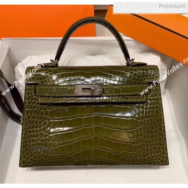 Hermes Mini Kelly II Handbag in Glossy Real Alligator Leather Army Green (Handmade) (AQ-20042112)