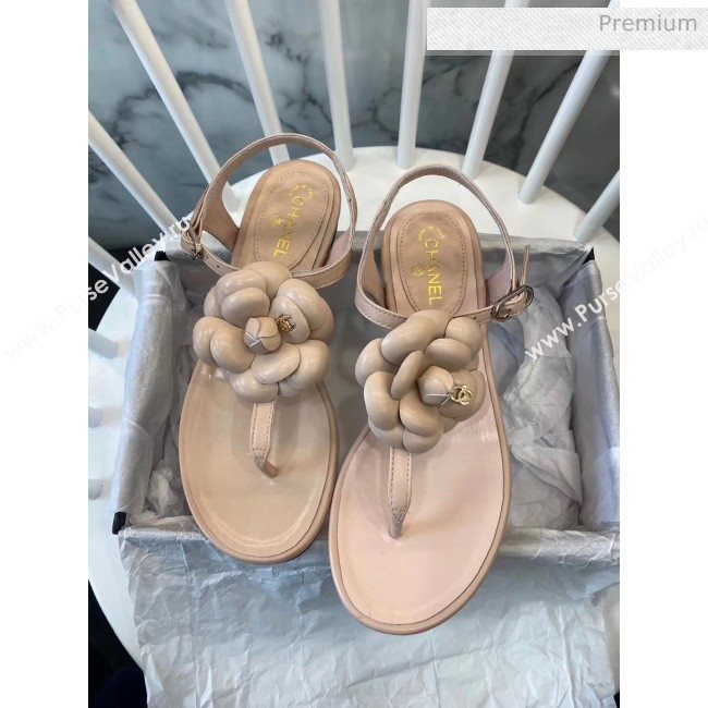 Chanel Lambskin Classic Camellia Thong Sandals Nude 2020 (NH-20042302)