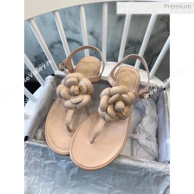Chanel Lambskin Classic Camellia Thong Sandals Nude 2020 (NH-20042302)