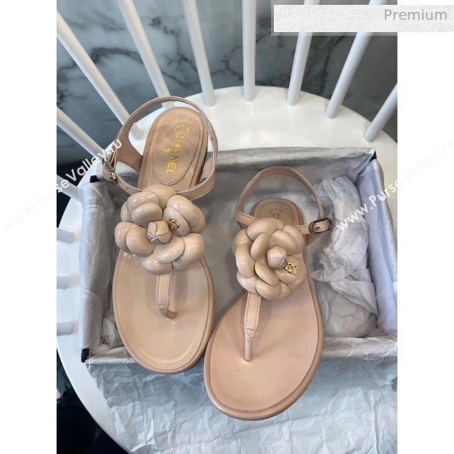 Chanel Lambskin Classic Camellia Thong Sandals Nude 2020 (NH-20042302)