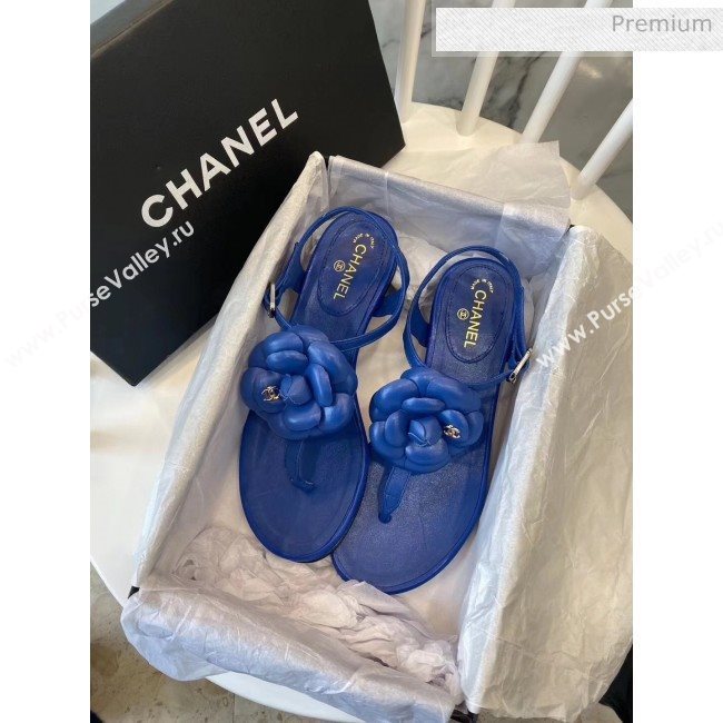 Chanel Lambskin Classic Camellia Thong Sandals Blue 2020 (NH-20042303)