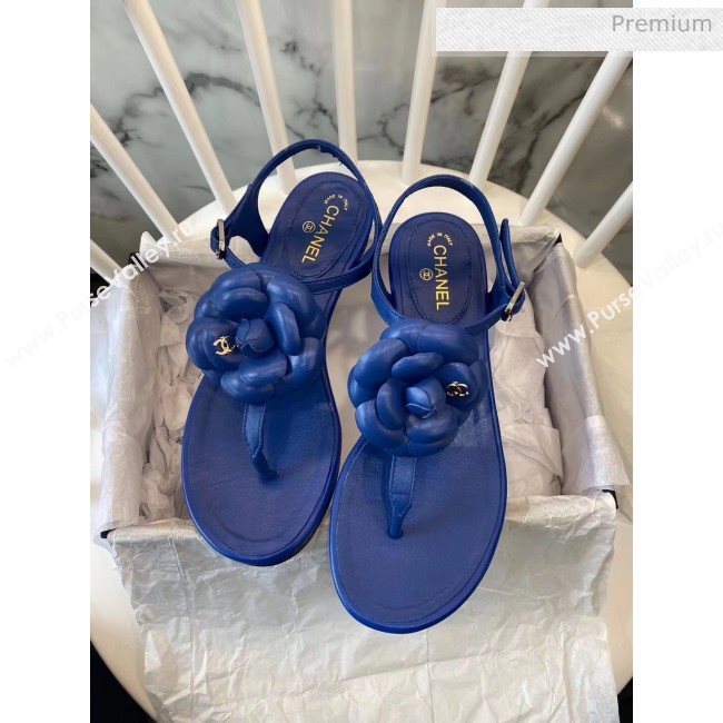 Chanel Lambskin Classic Camellia Thong Sandals Blue 2020 (NH-20042303)