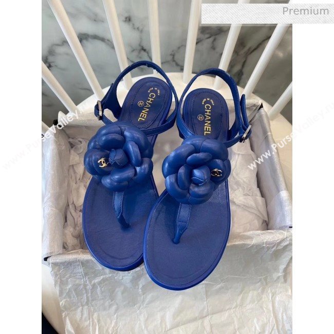 Chanel Lambskin Classic Camellia Thong Sandals Blue 2020 (NH-20042303)