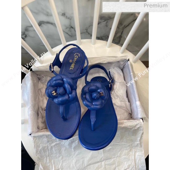 Chanel Lambskin Classic Camellia Thong Sandals Blue 2020 (NH-20042303)