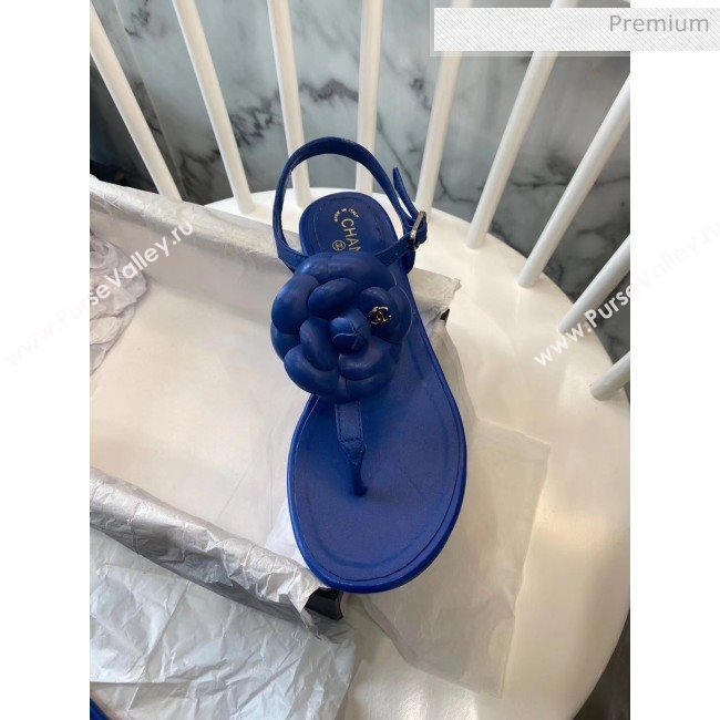 Chanel Lambskin Classic Camellia Thong Sandals Blue 2020 (NH-20042303)