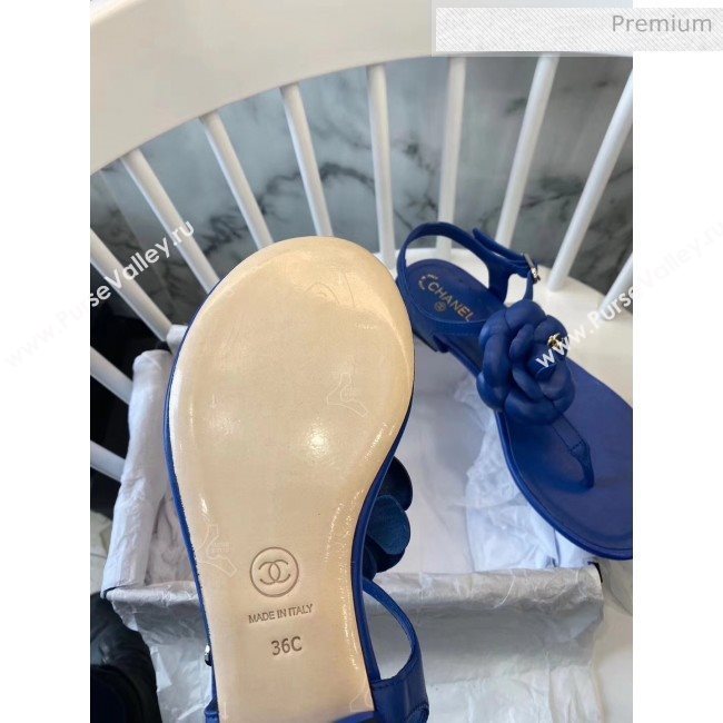 Chanel Lambskin Classic Camellia Thong Sandals Blue 2020 (NH-20042303)