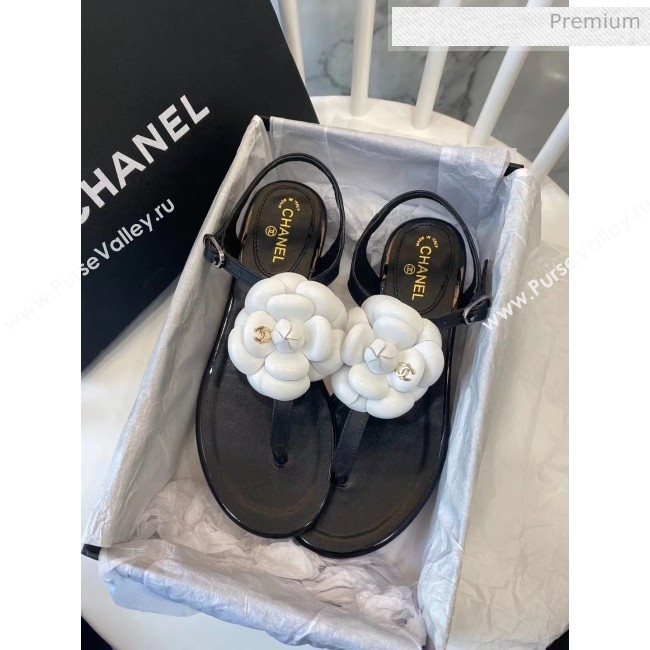 Chanel Lambskin Classic Camellia Thong Sandals Black/White 2020 (NH-20042304)