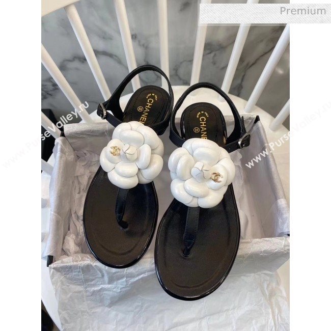 Chanel Lambskin Classic Camellia Thong Sandals Black/White 2020 (NH-20042304)