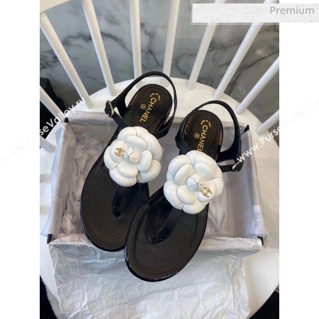Chanel Lambskin Classic Camellia Thong Sandals Black/White 2020 (NH-20042304)
