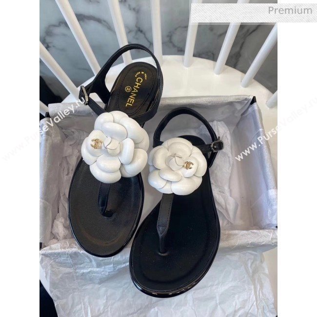 Chanel Lambskin Classic Camellia Thong Sandals Black/White 2020 (NH-20042304)