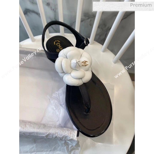 Chanel Lambskin Classic Camellia Thong Sandals Black/White 2020 (NH-20042304)