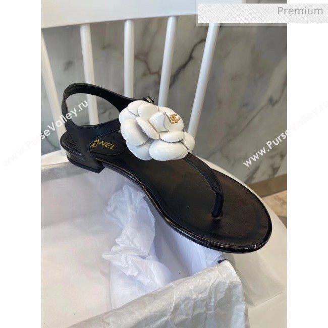 Chanel Lambskin Classic Camellia Thong Sandals Black/White 2020 (NH-20042304)