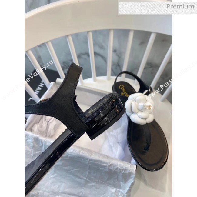 Chanel Lambskin Classic Camellia Thong Sandals Black/White 2020 (NH-20042304)