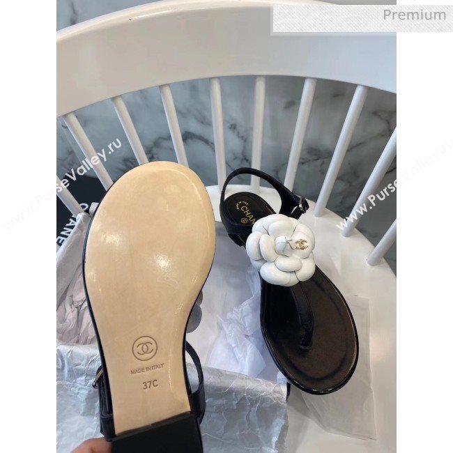 Chanel Lambskin Classic Camellia Thong Sandals Black/White 2020 (NH-20042304)