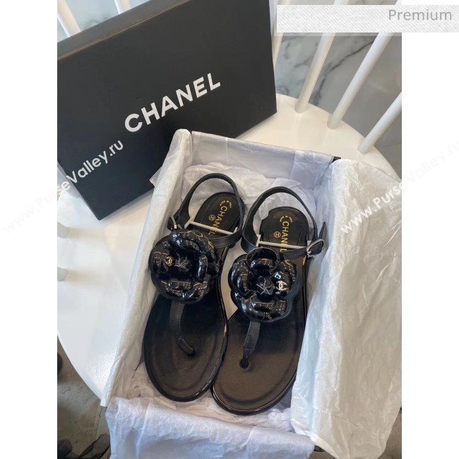 Chanel Lambskin Classic Camellia Thong Sandals Black 2020 (NH-20042306)