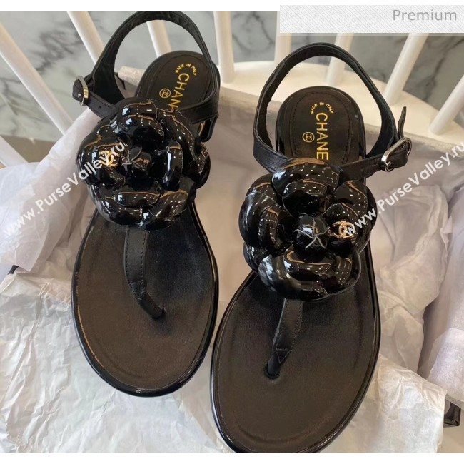 Chanel Lambskin Classic Camellia Thong Sandals Black 2020 (NH-20042306)