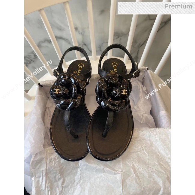 Chanel Lambskin Classic Camellia Thong Sandals Black 2020 (NH-20042306)