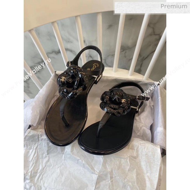 Chanel Lambskin Classic Camellia Thong Sandals Black 2020 (NH-20042306)