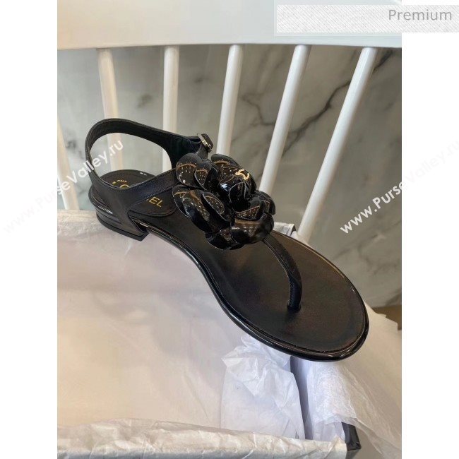 Chanel Lambskin Classic Camellia Thong Sandals Black 2020 (NH-20042306)