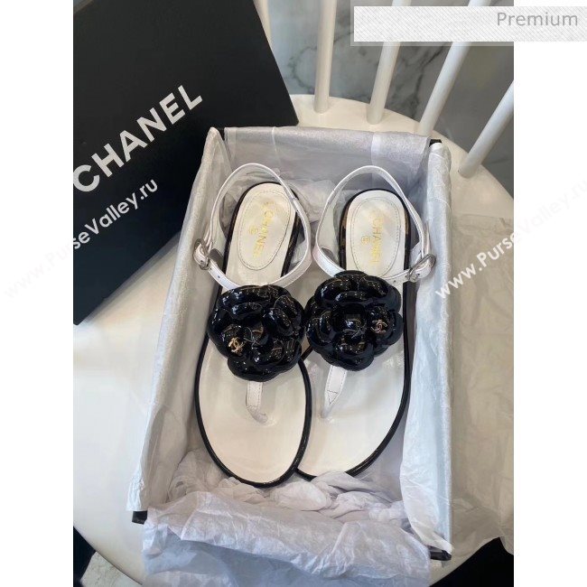 Chanel Lambskin Classic Camellia Thong Sandals White/Black 2020 (NH-20042305)