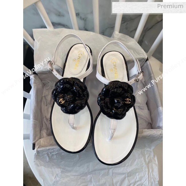 Chanel Lambskin Classic Camellia Thong Sandals White/Black 2020 (NH-20042305)