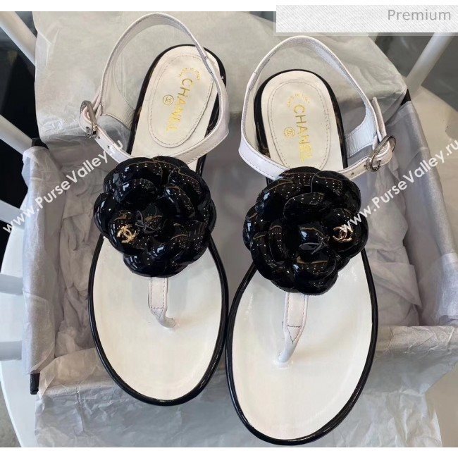 Chanel Lambskin Classic Camellia Thong Sandals White/Black 2020 (NH-20042305)
