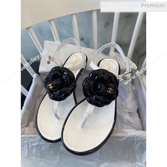 Chanel Lambskin Classic Camellia Thong Sandals White/Black 2020 (NH-20042305)