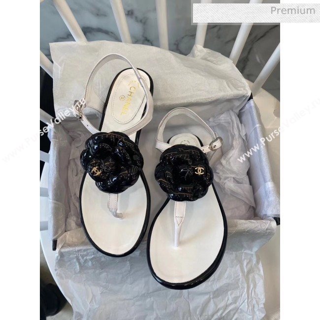 Chanel Lambskin Classic Camellia Thong Sandals White/Black 2020 (NH-20042305)