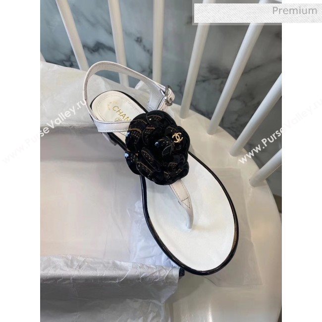 Chanel Lambskin Classic Camellia Thong Sandals White/Black 2020 (NH-20042305)