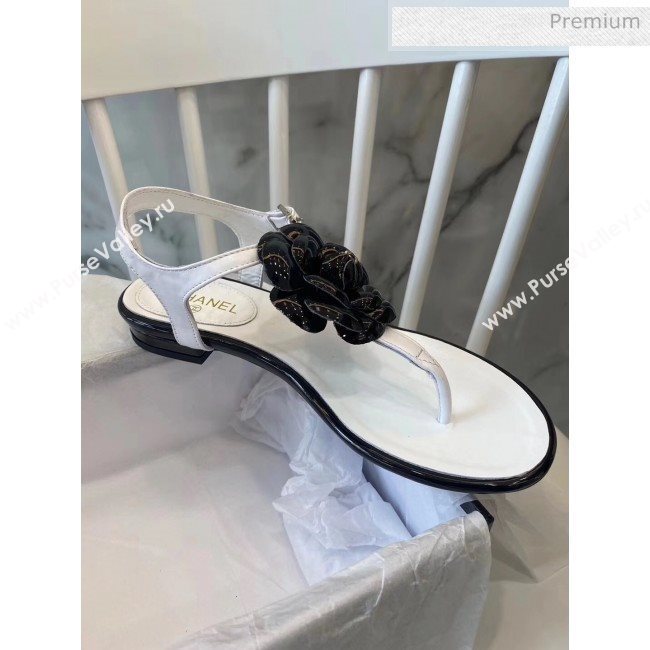 Chanel Lambskin Classic Camellia Thong Sandals White/Black 2020 (NH-20042305)