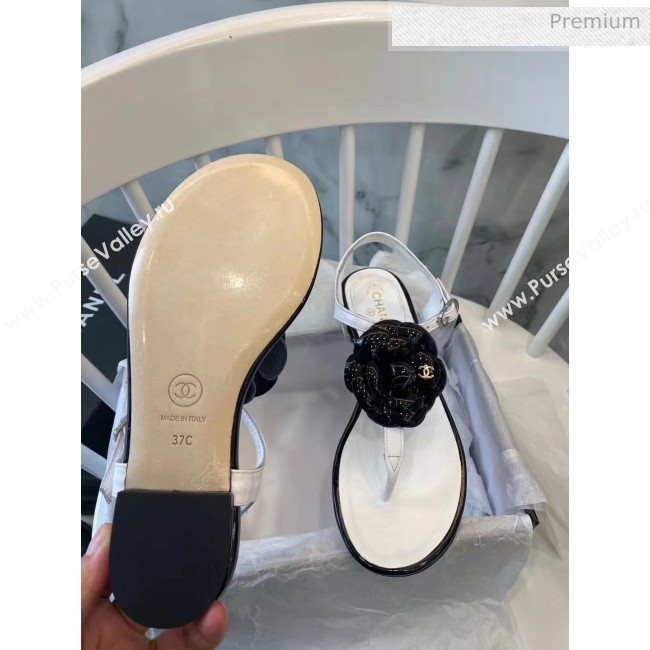 Chanel Lambskin Classic Camellia Thong Sandals White/Black 2020 (NH-20042305)