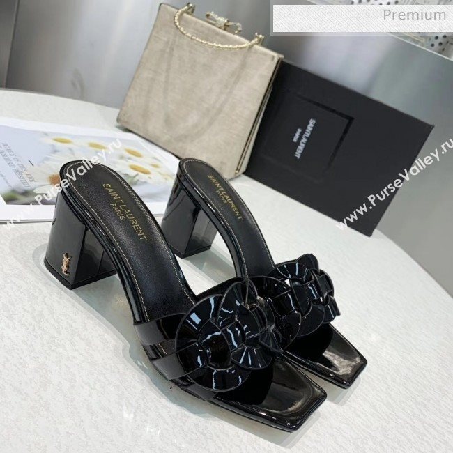 Saint Laurent Patent Leather Slide Sandal With 6.5cm Heel Black 2020 (ME-20042018)